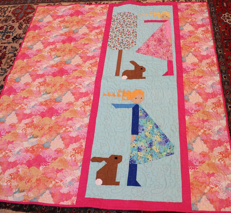 Tilda Windy Day Quilt, Girls and Bunnies Quilt, Handmade Quilt, Easter