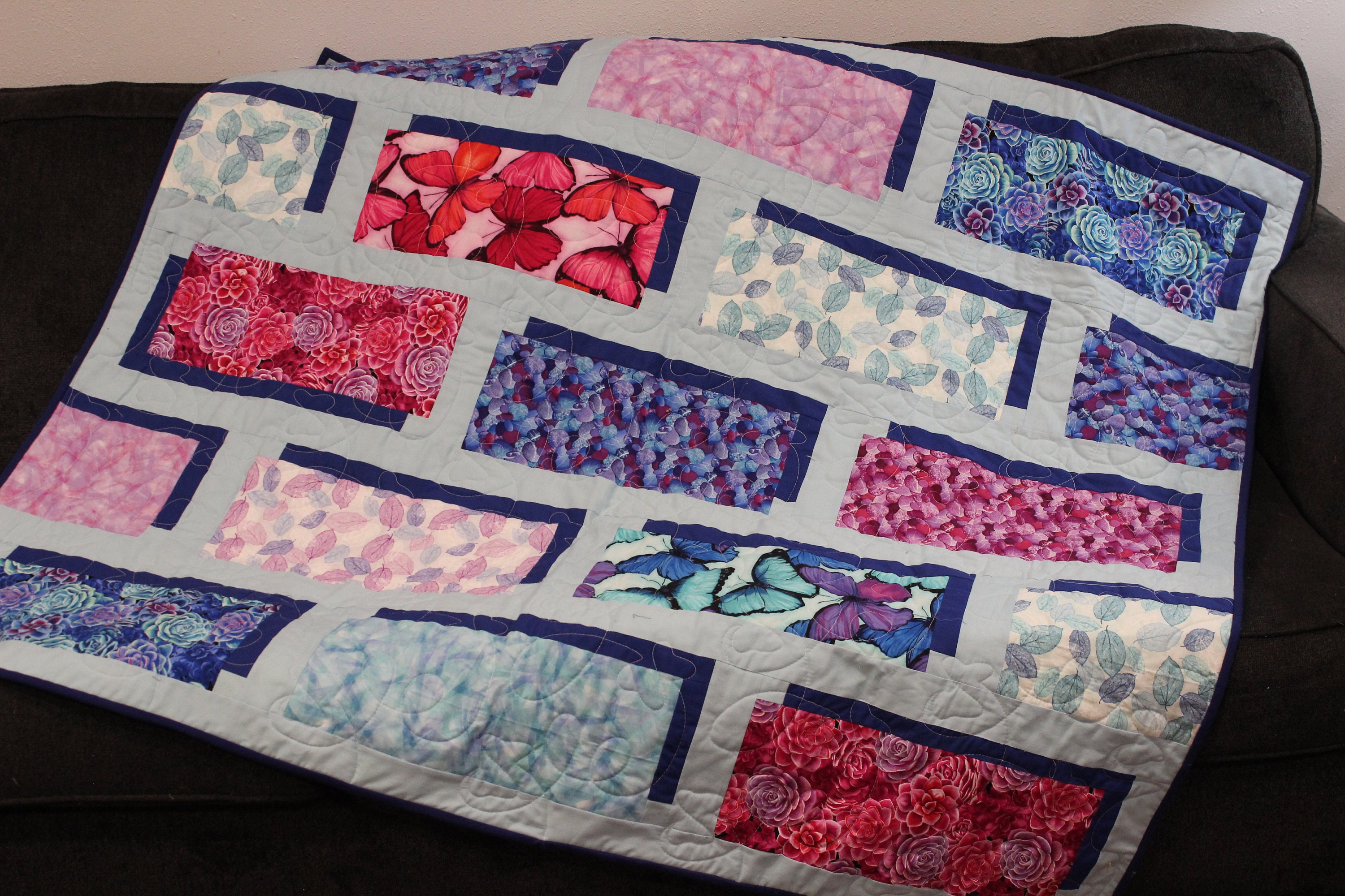 Handmade Quilt, Butterfly Quilt, Blue Quilt, Couch Quilt, Throw, Viva