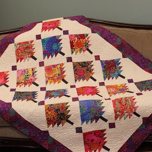 Handmade Quilt, Bright Colored Quilt, Kaffe Fassett fabric, Kaffe Fassett Quilt, Tree Quilt, Pines Quilt, Modern Quilt, couch quilt, throw