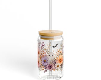 Verre à cocktail Halloween Ghost Floral, verre à boire automnal effrayant (473 ml)