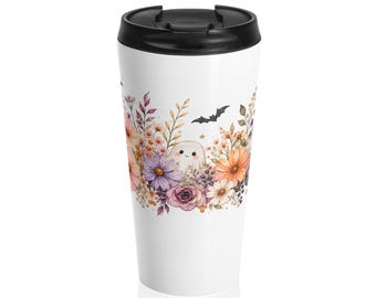 Mug de voyage fantôme à motif floral d'automne | Fleurs d'automne aquarelle, chauve-souris (44 cl)