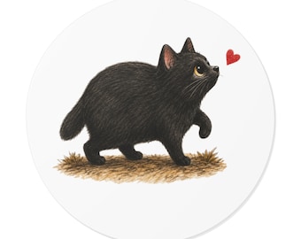 Autocollant Cœur Chat Noir | Illustration fantaisiste de chaton dessinée à la main