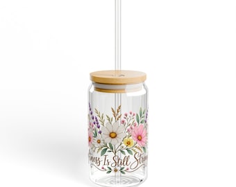 Verre à boire Fleurs et Écriture | Gobelet Mason Jar à motif floral de 473 ml
