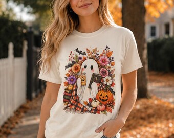 T-shirt automnal douillet avec fantôme | Motif citrouille, livres et carreaux d'automne