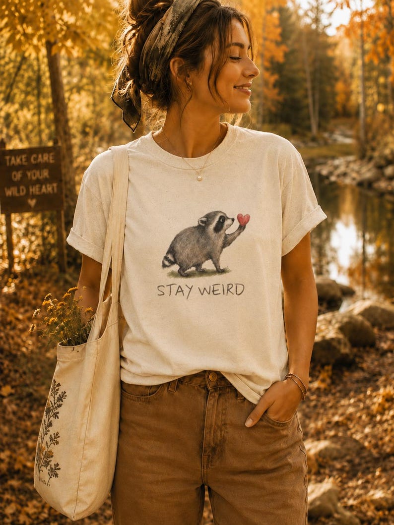 May include: A cream-colored short-sleeve t-shirt featuring a graphic of a raccoon holding a small red heart with the text STAY WEIRD printed below it, paired with a cream-colored canvas tote bag with a botanical print.