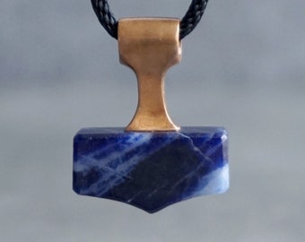Handmade Sodalite Mjolnir Pendant: Norse Viking Jewelry