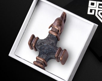 Hand Carved Hematite Viking Wolf Cross - Thors Hammer Replica