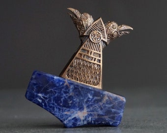 Sodalite Mjolnir Pendant: Viking Raven, Huginn and Muninn, Odin Necklace