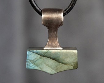 Norse Jewelry. Labradorite Thor's Hammer Necklace. Stone Mjolnir Amulet Necklace. Viking gifts. Mjolnir for her / for him