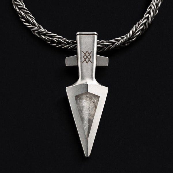 Crystal arrowhead pendant. Viking gifts. Raw crystal pendant. Viking amulet. Odin Gungnir. Viking spear head pendant. Runes necklace