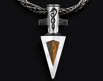 Handmade Tiger's Eye Spear Pendant: Norse Viking Gungnir Necklace