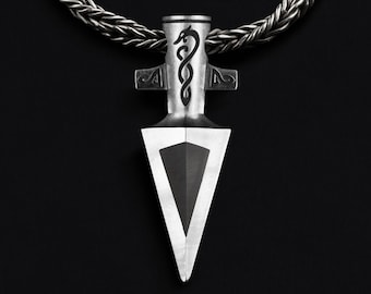 Obsidian arrowhead. Unique gift for him. Mens Obsidian necklace. Gungnir. Mens arrowhead necklace. Mens Viking pendant. Celtic snake pendant