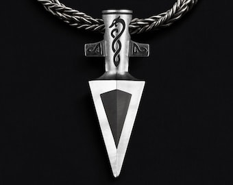 Handmade Gungnir Spear Pendant – Silver or Bronze with Obsidian, Inspired by Odin’s Legendary Weapon in Norse Mythology