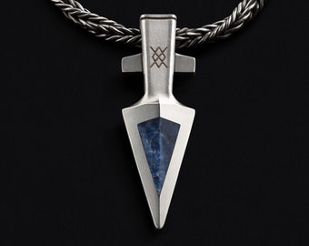Ciondolo in sodalite da uomo, collana con lancia di Odino Gungnir, gioiello vichingo in pietra blu intagliata a mano, argento o bronzo