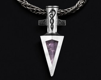 Handmade Gungnir Spearhead Pendant – Norse Mythology-Inspired Amethyst Necklace with Celtic Snake Pattern