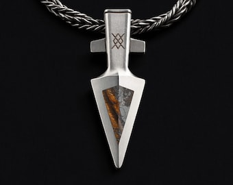 Tiger's Eye Arrowhead Pendant: Silver Viking Gungnir Necklace