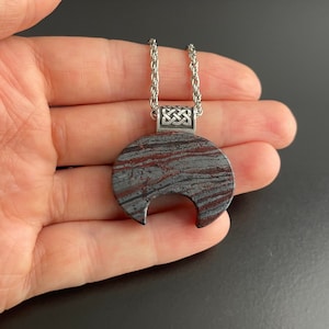Hematite Viking Lunula Necklace: Carved Wiccan Moon Amulet
