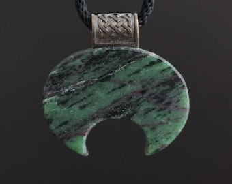 Ruby Zoisite Lunula Pendant – Slavic Crescent Moon Necklace, Pagan Amulet