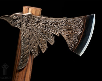 Premium Viking-Style Axe with Ornate Raven Design. Bi-Metallic - Bronze & Steel. Ideal Gift for Norse Mythology Fans
