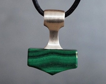 Handmade Malachite Mjolnir Pendant: Viking Hammer Necklace