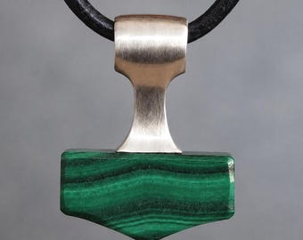 Mjolnir Pendant, Malachite Thor’s Hammer Necklace in Silver or Bronze