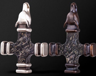 Hand Carved Serpentine Wolf Cross Pendant: Viking Thor Hammer Replica