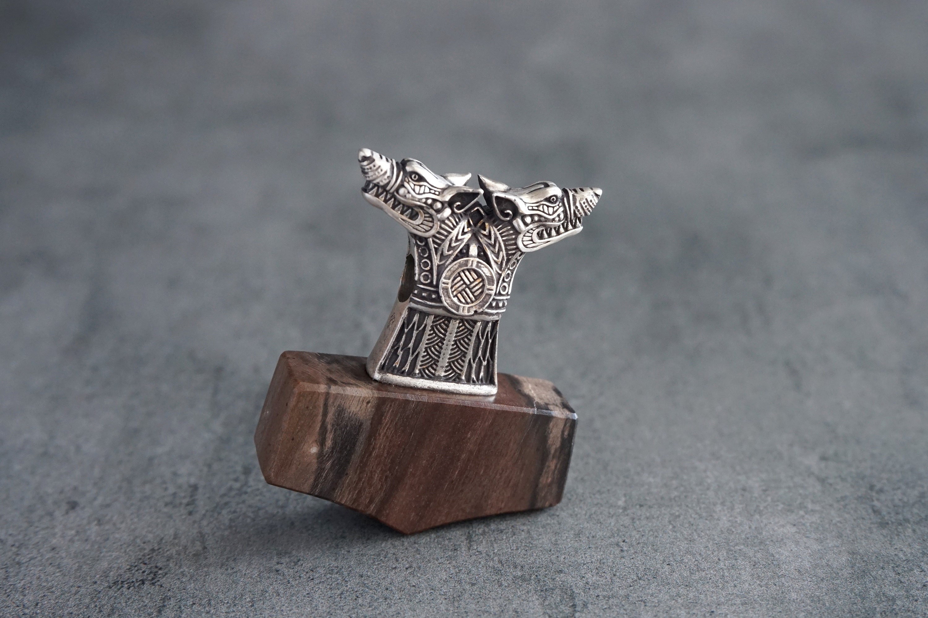 Geri and Freki Wolf Mjolnir Necklace with Petrified Wood. Thor Hammer Amulet Pendant. Handcrafted Viking Jewelry