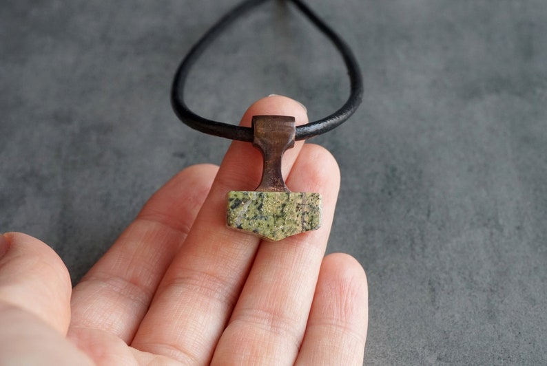 Norse Pagan Jewelry Viking Amulet with Handcarved Serpentine Natural Stone Thors Hammer Pendant Mjolnir Pendant Necklace