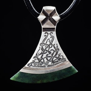 Handcrafted Mammen Axe Necklace: Viking Jewelry with Carved Jade Blade