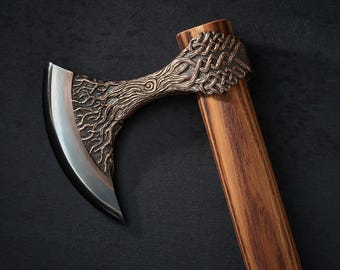 Machado Viking Yggdrasil, Machado Nórdico Artesanal, Machado Colecionável em Aço Bronze, Presente de Decoração Viking, Yachur