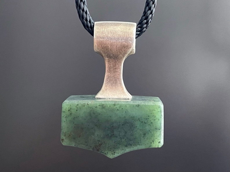 Silver and green jade pendant in the form of hammer, also known as Mjolnir