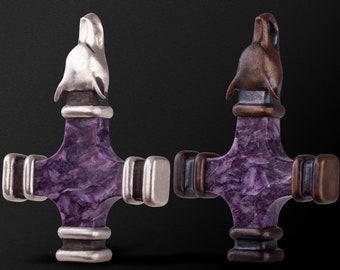 Handcrafted Viking Wolf Cross Pendant: Carved Charoite Gemstone