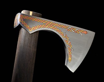 Premium Inlay Celtic Axe. Viking-Style Bearded Blade with Warrior Design. Steel Wire Inlays. Bog Oak Handle. Collectible Axe