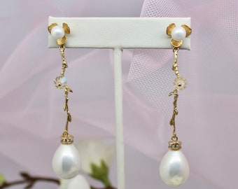 Gold Plated Dangle water pearls crystal earrings