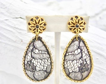 Black lace & gold- plated chain earrings