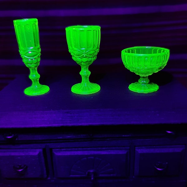 Ornate Goblets; Faux uranium glass dollhouse miniature 1:6 scale