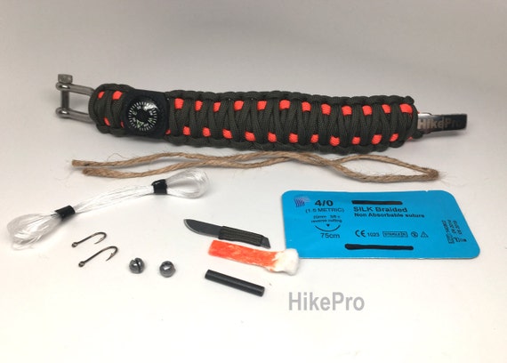 Hikepro Deluxe 550 Paracord Survival Bracelet Fishing Band Kit fire Starter  Knife Compass Suture Hooks Tinder Line Handmade to Order USA 