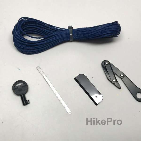 Survival Evasion Kit - blue 200lb Kevlar CORD, Cuff Key, Micro tool saw shim, SERE V-Cutter, Ceramic Blade (HikePro LLC)