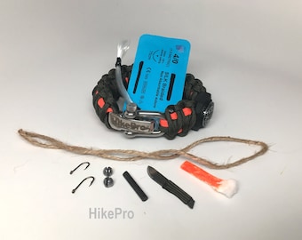 HikePro Deluxe 550 Paracord Survival Bracelet Fishing Band Kit +Fire Starter Knife Compass Suture hooks tinder line - Handmade to order USA