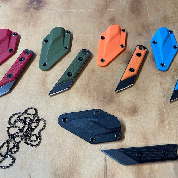 Kiridashi style EDC utility Neck Knife - Stone Wash blade - with sheath & chain