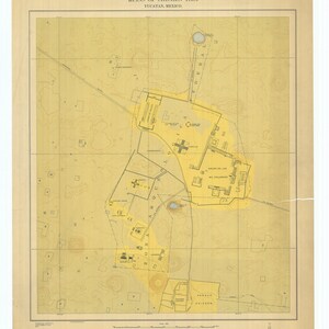 May include: A vintage topographical map titled Map of Ruins of Chichen-Itza, Yucatan, Mexico, published by the Carnegie Institution of Washington. The map features yellow-shaded archaeological zones, contour lines, and labels for various structures.
