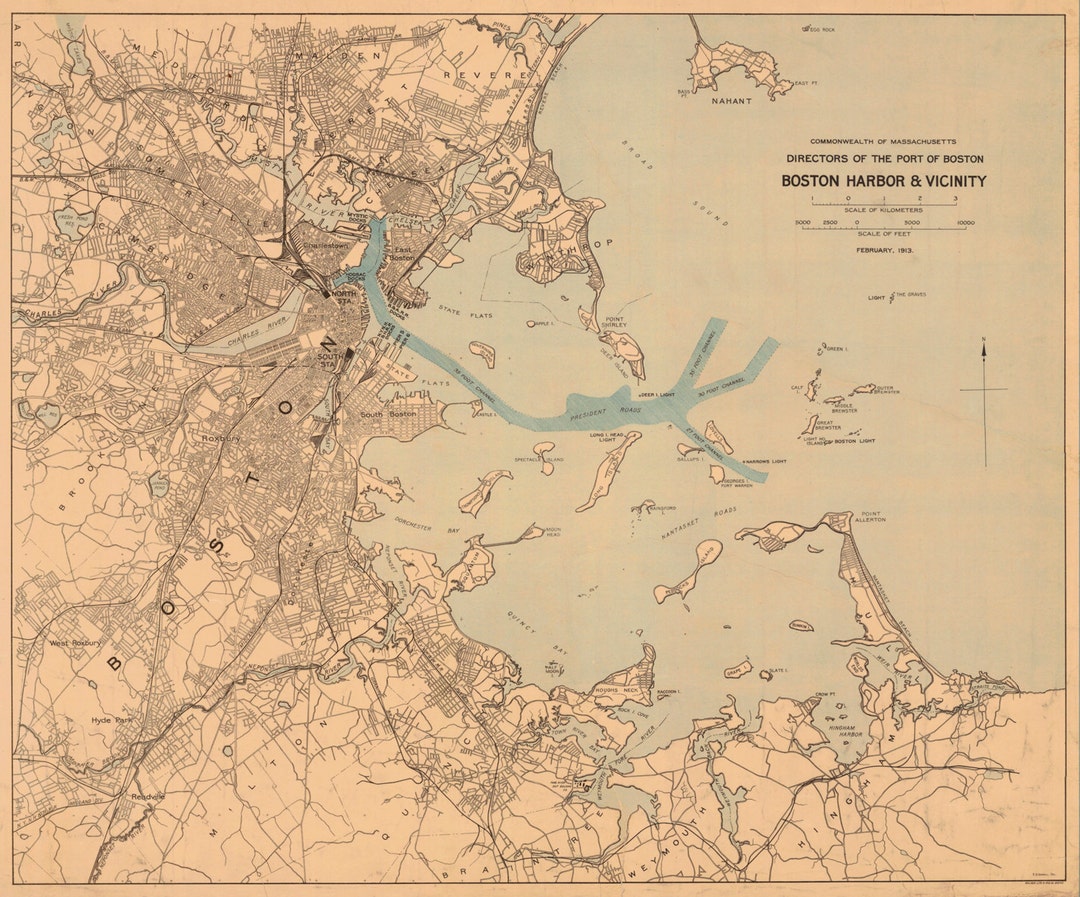 Custom Historical Chart of Boston Harbor and the Vicinity 1913 - Etsy