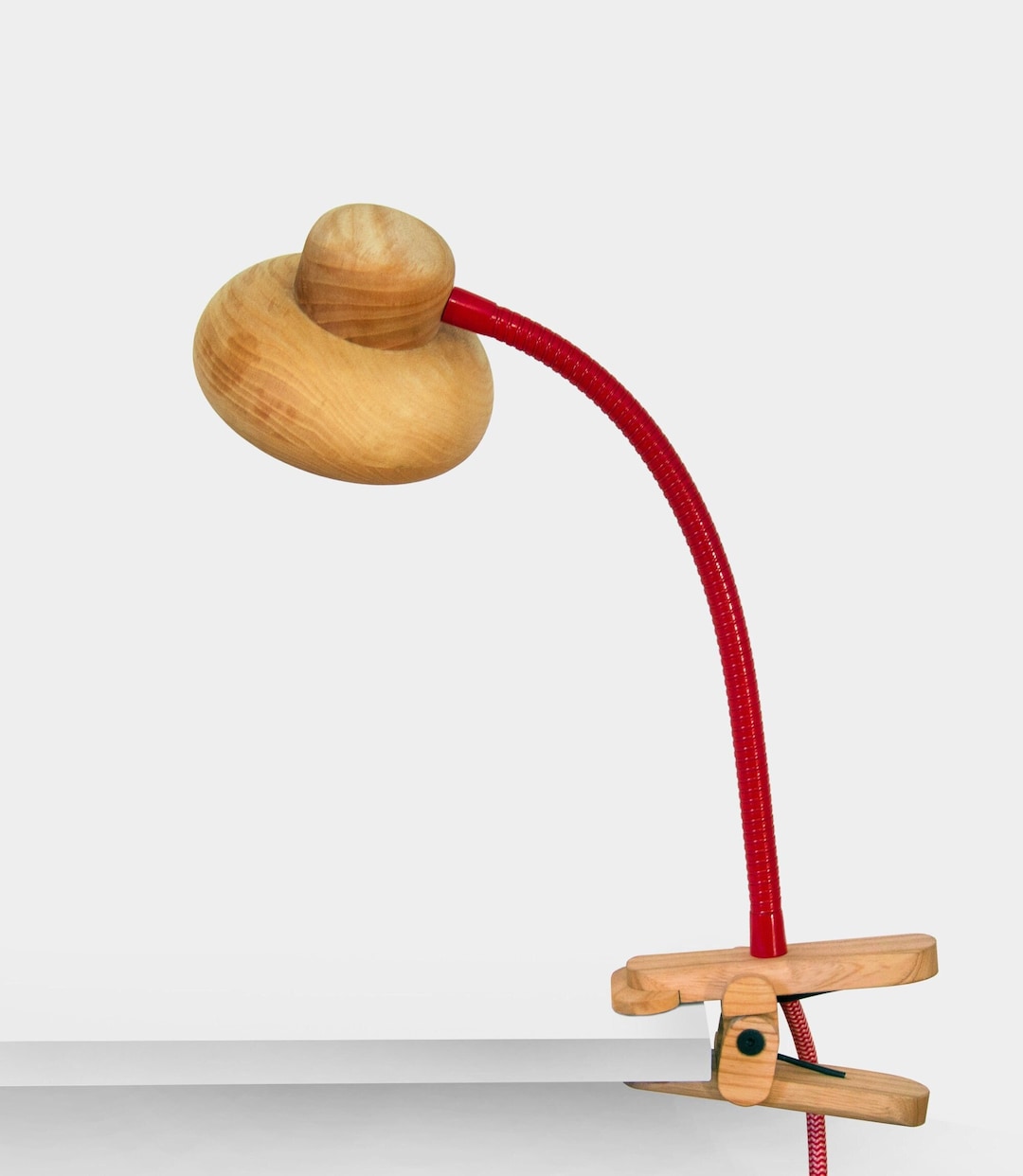 Mushi Wooden Clip on Lamp. Flexible Table Lamp, Unique Gooseneck Desk