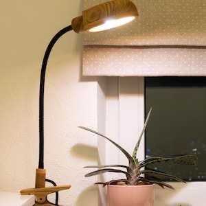 May include: A wooden desk lamp with a black flexible arm and a clip to attach to a surface. The lamp is turned on and illuminating the room. A potted plant with green leaves is in the background.