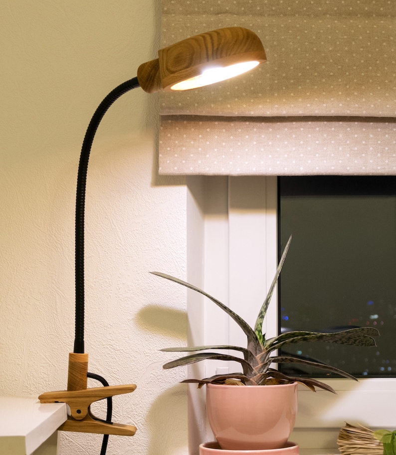 May include: A wooden desk lamp with a black flexible arm and a clip to attach to a surface. The lamp is turned on and illuminating the room. A potted plant with green leaves is in the background.