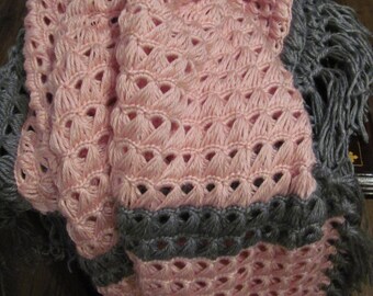 Handmade Pink Grey Crochet Baby Blanket: Textured Polyester, Broomstick Stitch