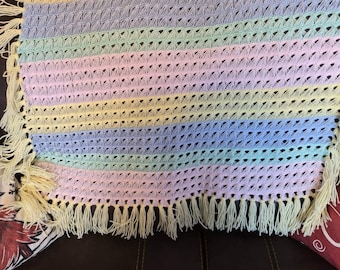 Handmade Pastel Crochet Baby Blanket - Soft Pink Blue Green Yellow Newborn Gift