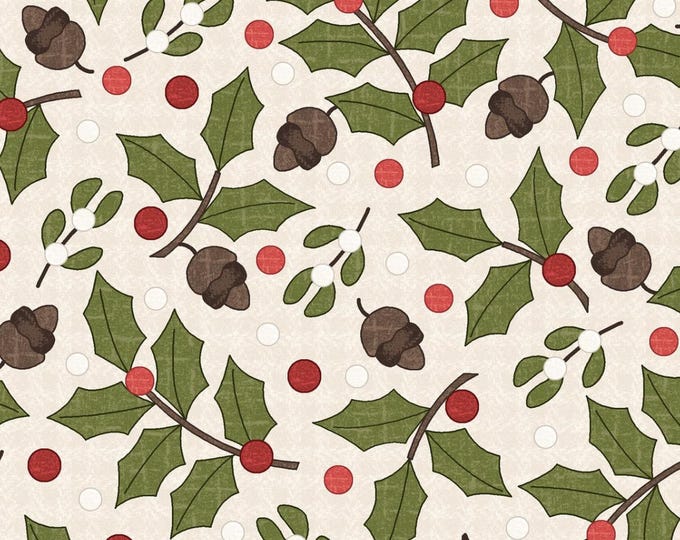 COTTON Cream Greenery Flannel, 100% COTTON, MASF11163-E, Sold by the half-yard.