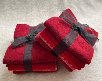 Santa Red Ribbon Bundle, Felted Wool Fabric for Rug Hooking, Wool Appliqué, Sewing and Crafts