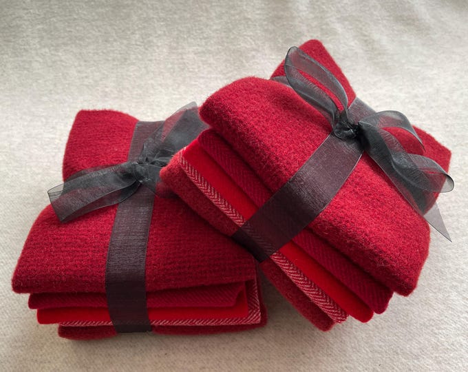 Santa Red Ribbon Bundle, Felted Wool Fabric for Rug Hooking, Wool Appliqué, Sewing and Crafts